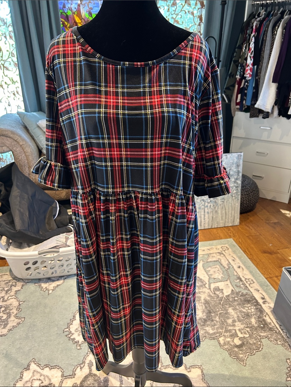 Plaid Midi Dress with Gathered Waist in Red and Black